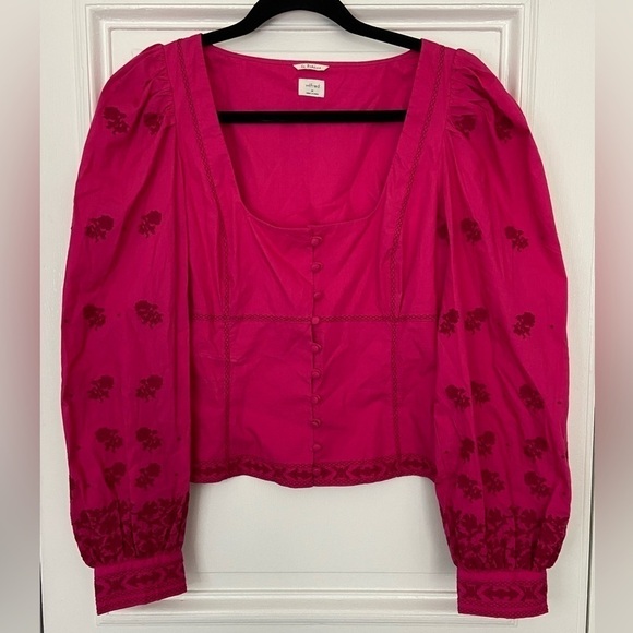 NWT Aritzia Wilfred Pink Puff Long Sleeve Bohemian Palo Santo Embroidered Top - Picture 1 of 16